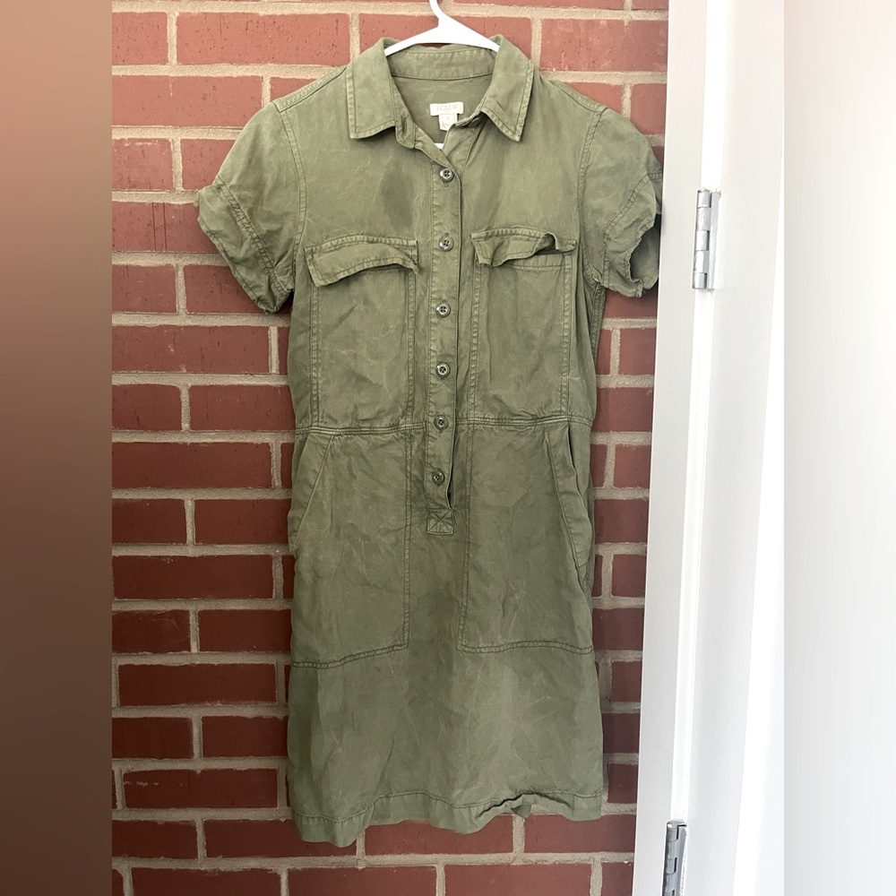 J Crew Utility Shirt Army Green Dress Short Sleeve - Size 0